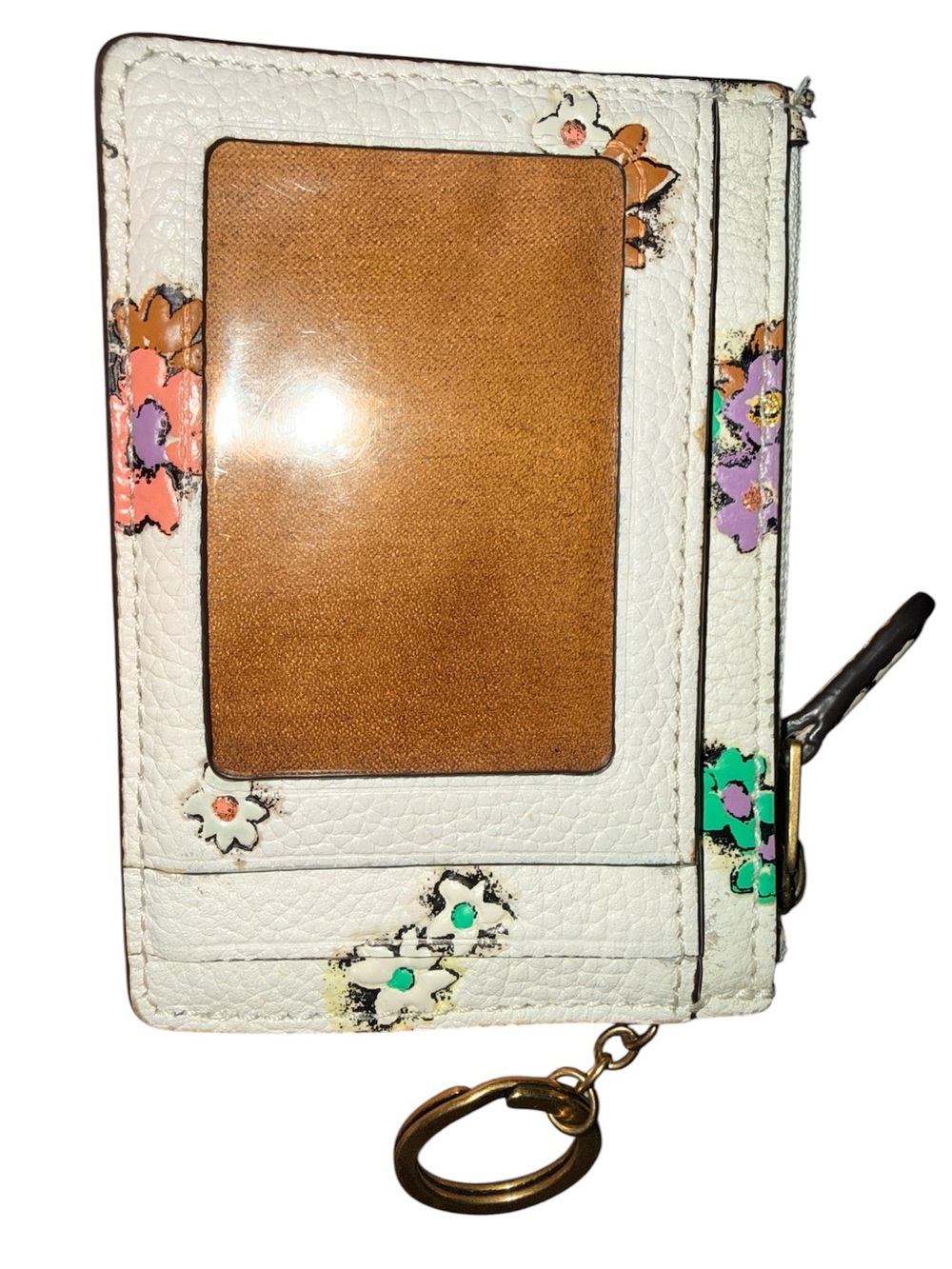 Coach White Floral Leather Card Case with Gold Key Ring - Picture 5 of 7